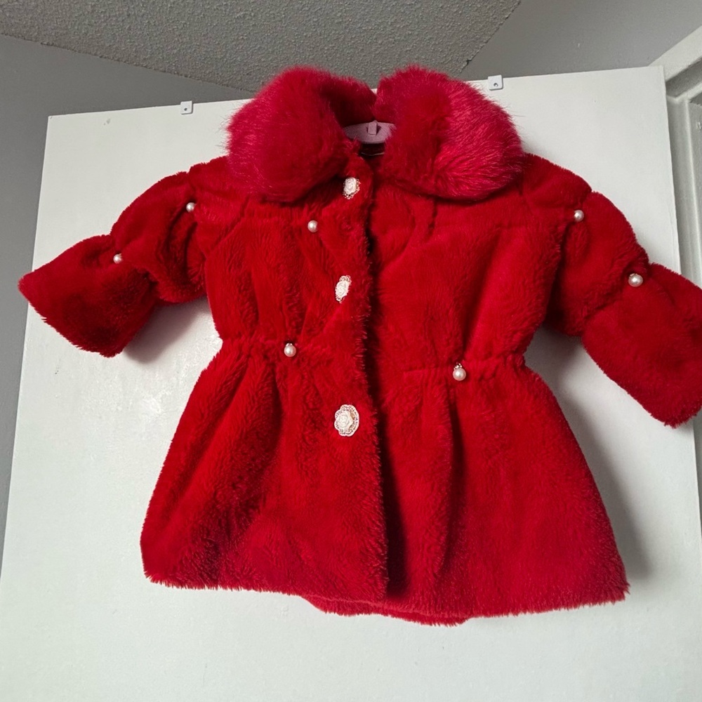 Chic Kids Red Faux Fur Coat with Pearl Accents